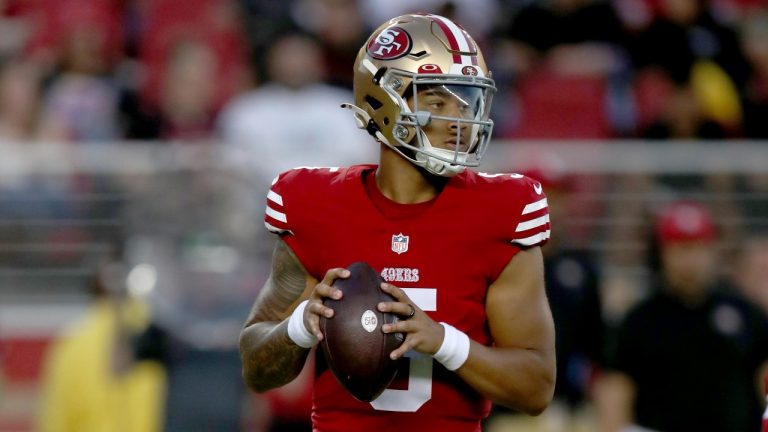 San Francisco 49ers quarterback Trey Lance (5) drops back during an NFL football game against the Denver Broncos, Saturday, Aug 19, 2023, in Santa Clara, Calif. (Scot Tucker/AP)