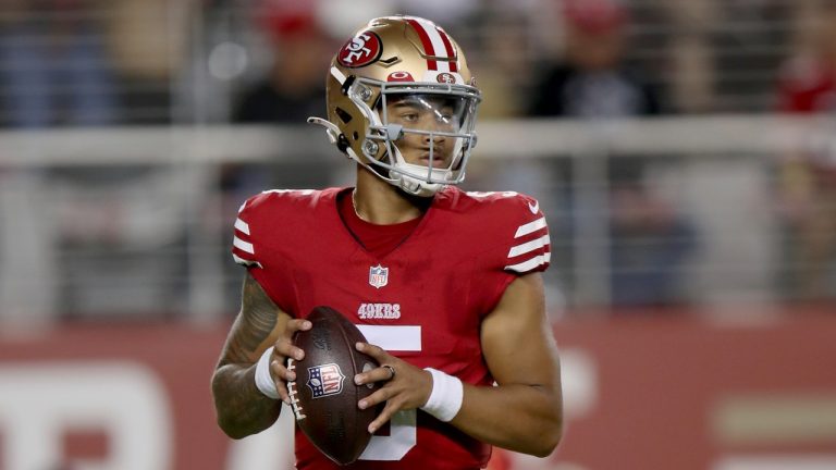 San Francisco 49ers quarterback Trey Lance (5) throws during an NFL football game against the Denver Broncos, Saturday, Aug 19, 2023, in Santa Clara, Calif. (Scot Tucker/AP)