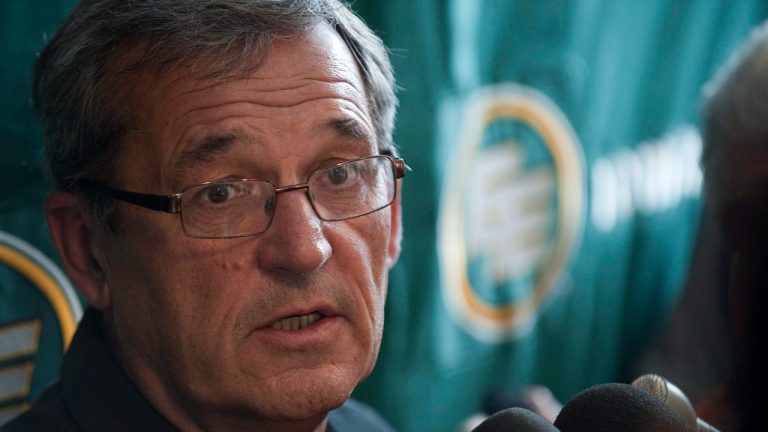 Former Edmonton CFL president Rick LeLacheur speaks at Commonwealth Stadium in Edmonton, Alberta, on Saturday, July 31, 2010 to the media about the firing of General Manager Danny Maciocia. (Ian Jackson/THE CANADIAN PRESS)