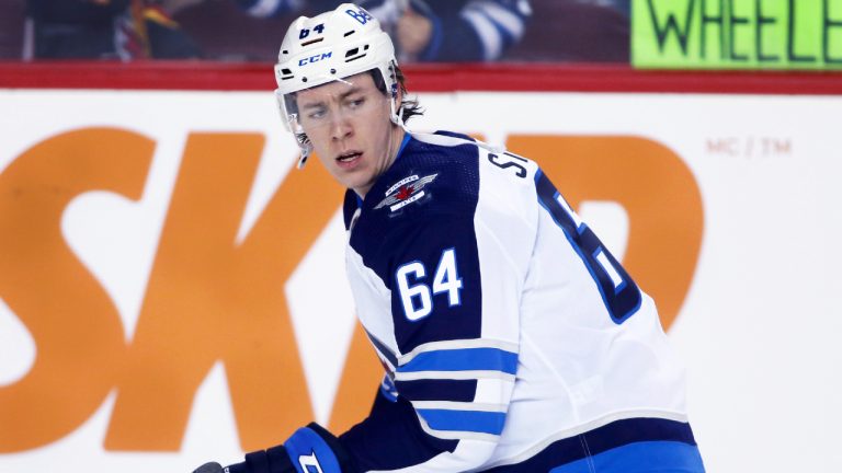 NHL profile photo on Winnipeg Jets player Logan Stanley at a game against the Calgary Flames in Calgary, Alta. on Feb. 21, 2022. (Larry MacDougal/CP)