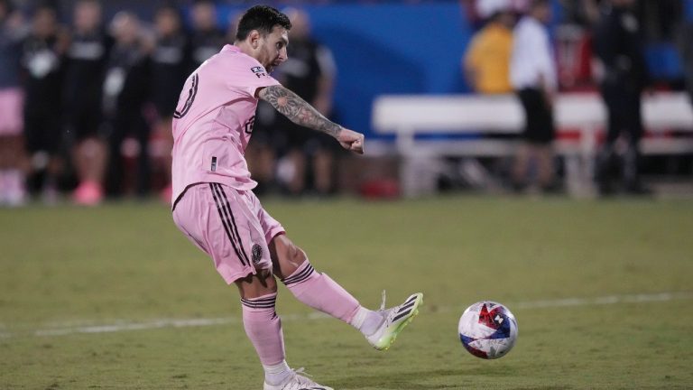 Inter Miami forward Lionel Messi scores during penalty kicks after the team's Leagues Cup soccer match against FC Dallas ended in a draw Sunday, Aug. 6, 2023, in Frisco, Texas. (LM Otero/AP)