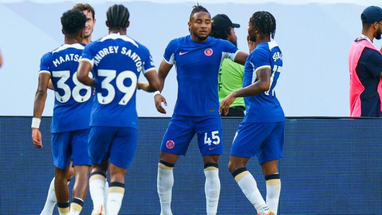 Chelsea's Christopher Nkunku, center right, celebrates his goal with teammates during the English Premier League Summer Series soccer match between Chelsea and Brighton and Hove Albion, Saturday, July 22, 2023 in Philadelphia. Chelsea won 4-3. (Chris Szagola/AP)