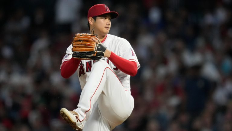 Los Angeles Angels starting pitcher Shohei Ohtani (17) throws during the sixth inning of a baseball game against the San Francisco Giants in Anaheim, Calif., Wednesday, Aug. 9, 2023. (Ashley Landis/AP)