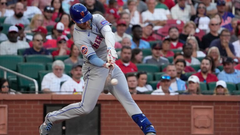 New York Mets' Pete Alonso hits a two-run home run during the fourth inning of a baseball game against the St. Louis Cardinals Thursday, Aug. 17, 2023, in St. Louis. (Jeff Roberson/AP)