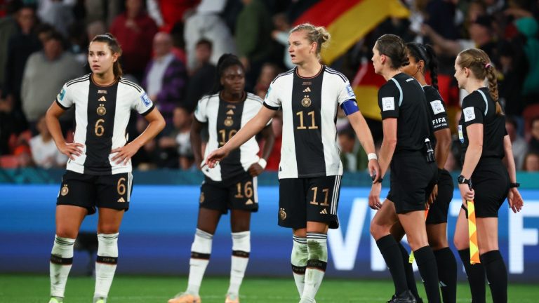 Germany's Alexandra Popp, centre, reacts with her teammates following the Women's World Cup Group H soccer match between South Korea and Germany in Brisbane, Australia, Thursday, Aug. 3, 2023. (Tertius Pickard/AP)