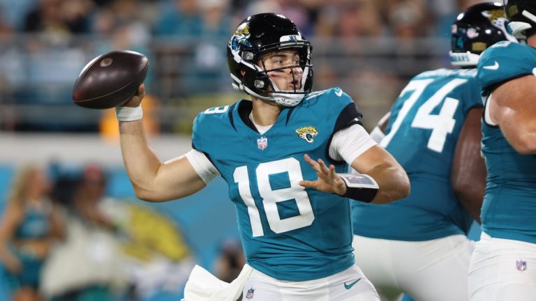 Jacksonville Jaguars quarterback Nathan Rourke (18) stands back to pass during the second half of an NFL preseason football game against the Miami Dolphins, Saturday, Aug. 26, 2023, in Jacksonville, Fla. (Gary McCullough/AP Photo)