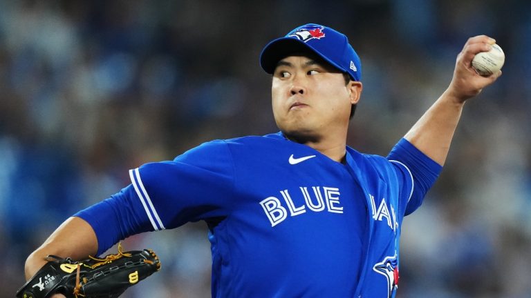 Toronto Blue Jays starting pitcher Hyun Jin Ryu (99) works against the Baltimore Orioles during first inning American League MLB baseball action in Toronto on Tuesday, August 1, 2023. (Nathan Denette/CP)