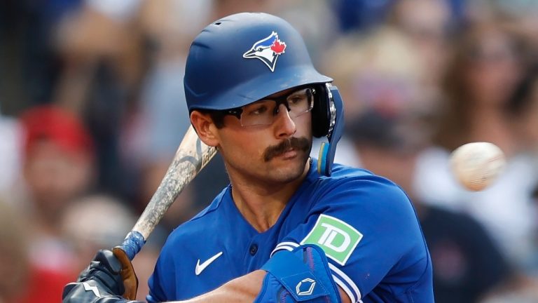 Toronto Blue Jays' Davis Schneider plays against the Boston Red Sox during the third inning of a baseball game, Saturday, Aug. 5, 2023, in Boston. (Michael Dwyer/AP Photo)