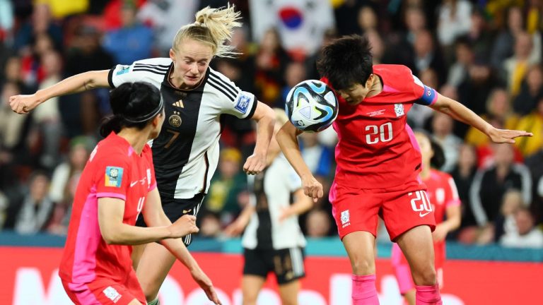 Germany's Lea Schueller and South Korea's Kim Hye-ri, right, compete to head the ball during the Women's World Cup Group H soccer match between South Korea and Germany in Brisbane, Australia, Thursday, Aug. 3, 2023. (Tertius Pickard/AP)