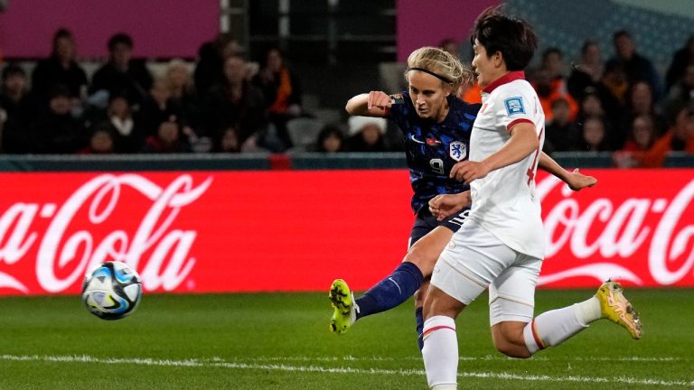 Netherlands' Katja Snoeijs scores her side's second goal during the Women's World Cup Group E soccer match between Vietnam and the Netherlands in Dunedin, New Zealand, Tuesday, Aug. 1, 2023. (Alessandra Tarantino/AP)