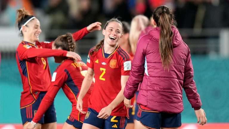 Spain's players celebrate after winning the Women's World Cup semifinal soccer match between Sweden and Spain at Eden Park in Auckland, New Zealand, Tuesday, Aug. 15, 2023. (Alessandra Tarantino/AP Photo)