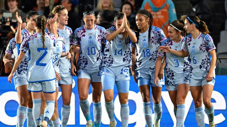 Spain's Laia Codina, centre, gestures after scoring her team's fourth goal during the Women's World Cup second round soccer match between Switzerland and Spain at Eden Park in Auckland, New Zealand. (Andrew Cornaga/AP)