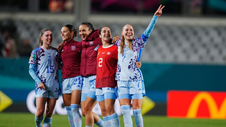 Spain's players celebrate following the Women's World Cup second round soccer match between Switzerland and Spain at Eden Park in Auckland. (Abbie Parr/AP)