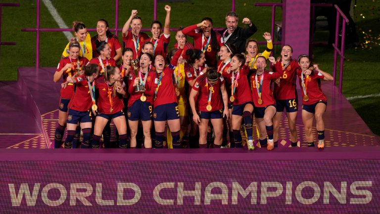 Team Spain celebrates after winning the Women's World Cup soccer final against England at Stadium Australia in Sydney, Australia, Sunday, Aug. 20, 2023. (Mark Baker/AP)