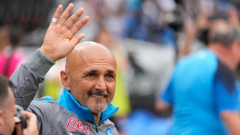 FILE- Napoli's head coach Luciano Spalletti wave to fans prior to the start of the Serie A soccer match between Napoli and Sampdoria at the Diego Maradona Stadium, in Naples, Sunday, June 4, 2023. (Andrew Medichini/AP)