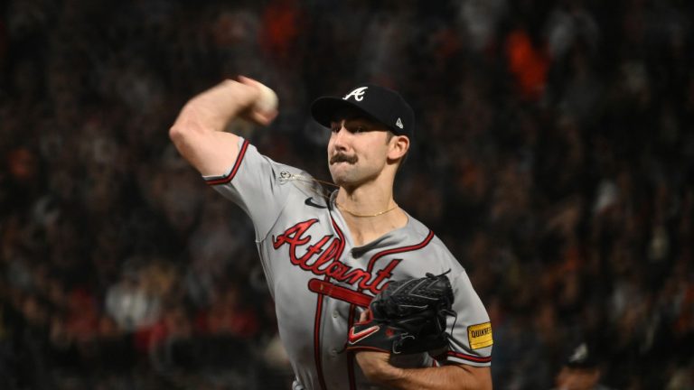 Atlanta Braves' pitcher Spencer Strider throws the ball run the seventh inning of a baseball game against the San Francisco Giants in San Francisco, Friday, Aug. 25, 2023. (Nic Coury/AP Photo)