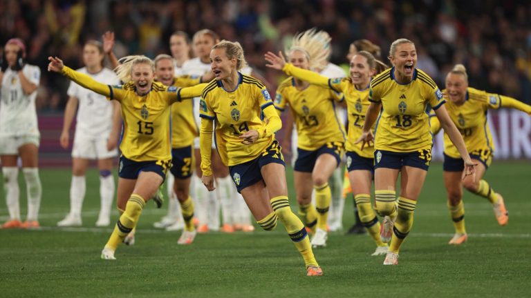 Sweden's team celebrate after defeating the United States in a penalty shootout in their Women's World Cup round of 16 soccer match in Melbourne, Australia, Sunday, Aug. 6, 2023. (Hamish Blair/AP)