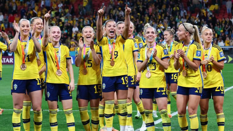 Sweden celebrate with their bronze medals after defeating Australia in the Women's World Cup third place playoff soccer match in Brisbane, Australia, Saturday, Aug. 19, 2023. (Tertius Pickard/AP)