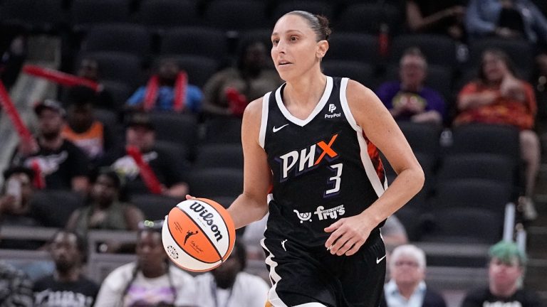 Phoenix Mercury's Diana Taurasi dribbles during the second half of a WNBA basketball game against the Indiana Fever, Tuesday, Aug. 1, 2023, in Indianapolis. (Darron Cummings/AP)