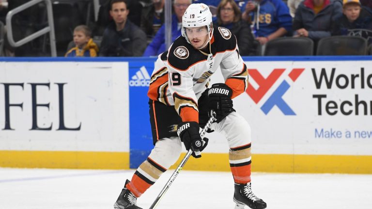 Anaheim Ducks' Troy Terry works the puck against the St. Louis Blues during the first period of an NHL hockey game, Monday, Nov. 21, 2022, in St. Louis. (Michael Thomas/AP)