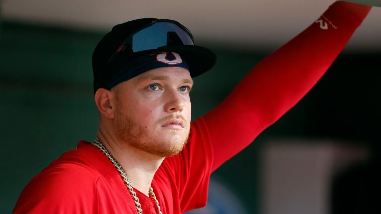 Boston Red Sox's Alex Verdugo stands in the dugout during the ninth inning of a baseball game against the Toronto Blue Jays, Saturday, Aug. 5, 2023, in Boston. (Michael Dwyer/AP Photo)