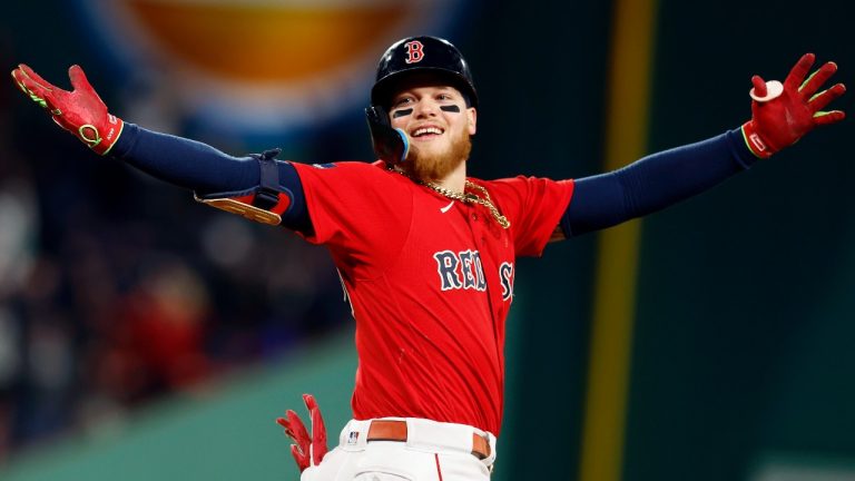 Former Boston Red Sox Alex Verdugo celebrates after his walkoff home run during the ninth inning of a baseball game against the Toronto Blue Jays, Monday, May 1, 2023, in Boston. (Michael Dwyer/AP Photo)