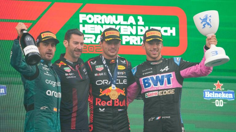 Red Bull driver Max Verstappen of the Netherlands second from right, celebrates on the podium with second place Aston Martin driver Fernando Alonso of Spain, left, and third place Alpine driver Pierre Gasly of France, after winning the Formula One Dutch Grand Prix at the Zandvoort racetrack, in Zandvoort, Netherlands, Sunday, Aug. 27, 2023.(Peter Dejong/AP)