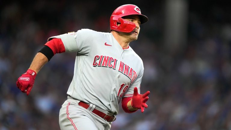 Cincinnati Reds' Joey Votto rounds first during a baseball game against the Chicago Cubs Monday, July 31, 2023, in Chicago. (Charles Rex Arbogast/AP)