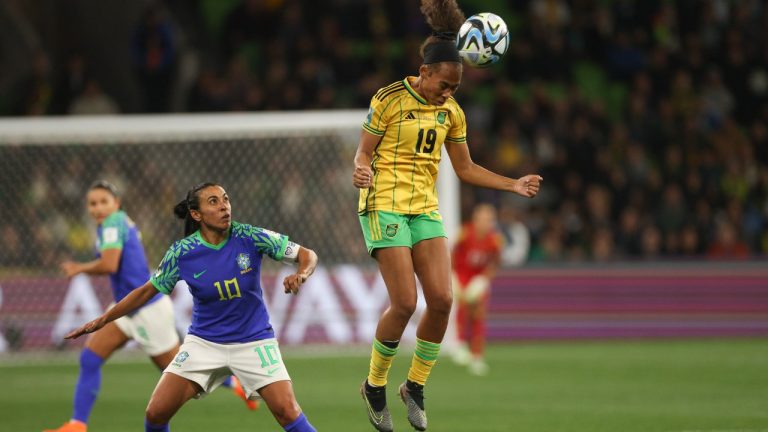 Jamaica's Tiernny Wiltshire, right, compete for controls the ball with Brazil's Marta during the Women's World Cup Group F soccer match between Jamaica and Brazil in Melbourne, Australia, Wednesday, Aug. 2, 2023. (Hamish Blair/AP)