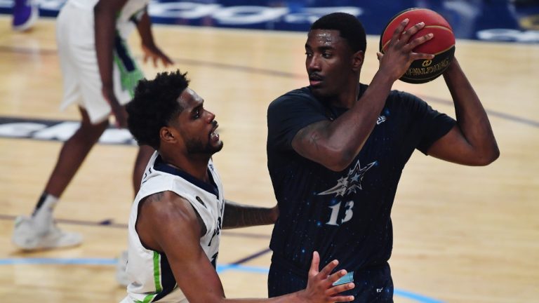 Scarborough Shooting Stars' Kalif Young, right, protects the ball against Niagara River Lions' A.J. Davis during the Canadian Elite Basketball League Eastern Conference final in Langley, B.C. in this Friday, Aug. 11, 2023 handout photo. (CP/HO-Canadian Elite Basketball League)