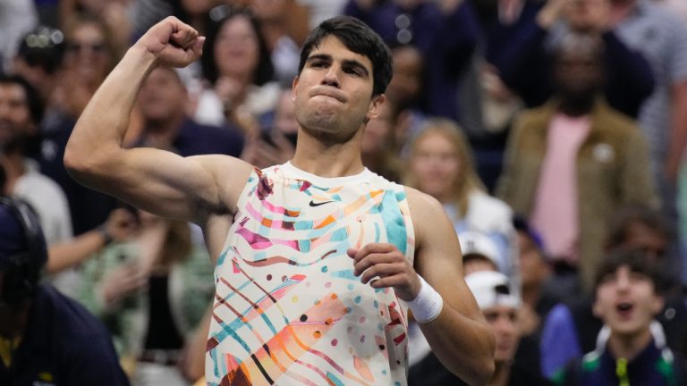 Carlos Alcaraz, of Spain, celebrates winning a match against Lloyd Harris, of South Africa, during the second round of the U.S. Open tennis championships, Thursday, Aug. 31, 2023, in New York. (Charles Krupa/AP)