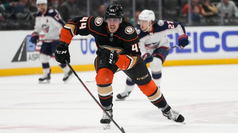 Anaheim Ducks' Max Comtois (44) chases the puck during the first period of an NHL hockey game against the Columbus Blue Jackets Friday, March 17, 2023, in Anaheim, Calif. (Jae C. Hong/AP)