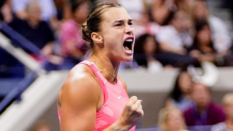 Aryna Sabalenka, of Belarus, reacts during a match against Coco Gauff, of the United States, during the women's singles final of the U.S. Open tennis championships, Saturday, Sept. 9, 2023, in New York. (Frank Franklin II/AP)