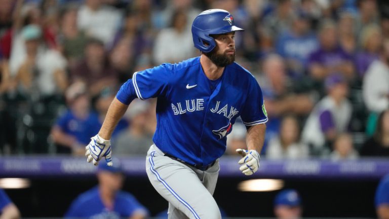 Toronto Blue Jays designated hitter Brandon Belt (13) in the eighth inning of a baseball game Saturday, Sept. 2, 2023, in Denver. (David Zalubowski/AP)