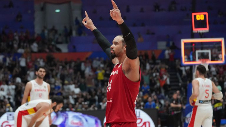 Canada forward Dillon Brooks (24) celebrates after defeating Spain in their Basketball World Cup second round match at the Indonesia Arena stadium in Jakarta, Indonesia, Sunday, Sept. 3, 2023. (Tatan Syuflana/AP)