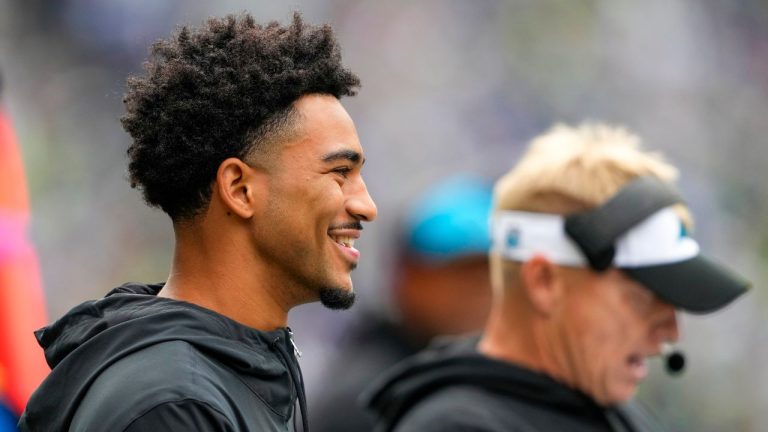 Carolina Panthers quarterback Bryce Young watches during the first half of an NFL football game against the Seattle Seahawks Sunday, Sept. 24, 2023, in Seattle. (Lindsey Wasson/AP Photo)