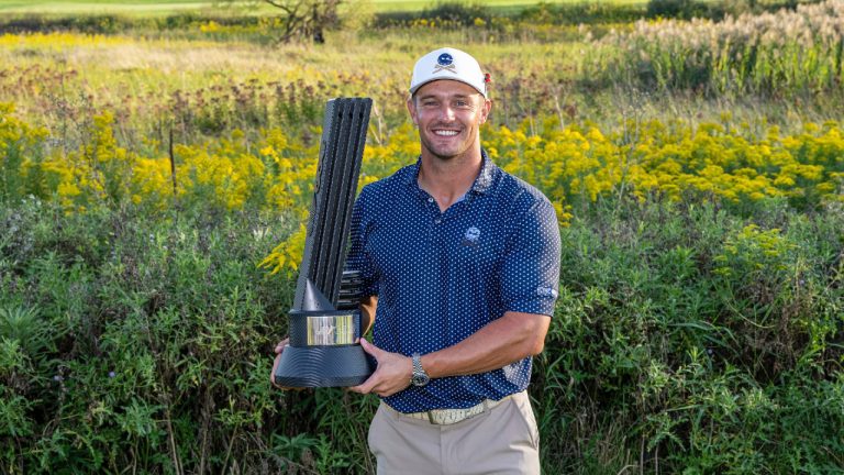 First place individual champion, Captain Bryson DeChambeau of Crushers GC, poses with the trophy after winning LIV Golf Chicago at the Rich Harvest Farms on Sunday, September 24, 2023 in Sugar Grove, Illinois. (Photo by Montana Pritchard/LIV Golf via AP)