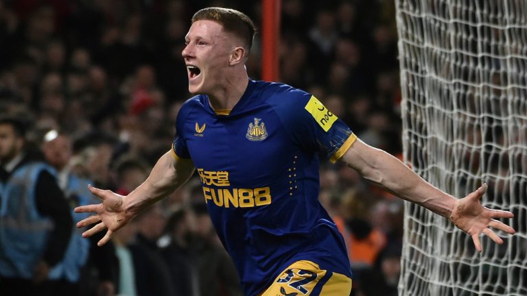 Newcastle's Elliot Anderson celebrates. (Rui Vieira/AP) 