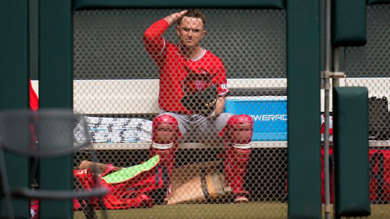 Los Angeles Angels catcher Max Stassi (33) sits in the bullpen before a spring training baseball game against the San Francisco Giants in Scottsdale, Ariz., Sunday, March 19, 2023. (Ashley Landis/AP) 