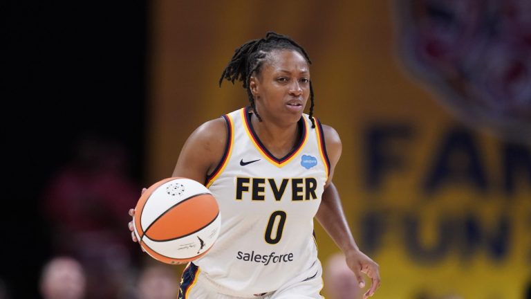 Indiana Fever's Kelsey Mitchell dribbles during the second half of a WNBA basketball game against the Connecticut Sun, Friday, Aug. 4, 2023, in Indianapolis. (Darron Cummings/AP)