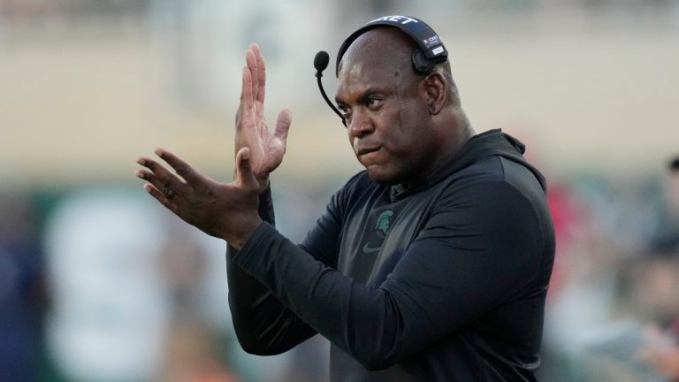 Michigan State head coach Mel Tucker signals from the sideline during the first half of an NCAA college football game against Central Michigan, Friday, Sept. 1, 2023, in East Lansing, Mich. (Carlos Osorio/AP) 