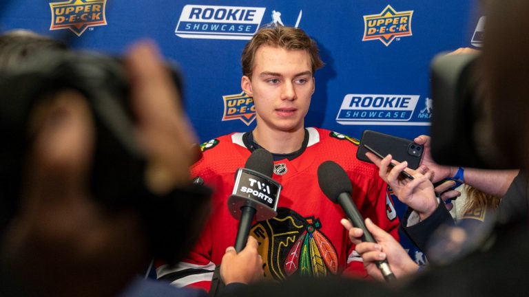 Chicago Blackhawks hockey player Connor Bedard, the number one overall draft pick, talks with reporters during the NHL Players Association rookie showcase, Tuesday, Sept. 5, 2023 in Arlington, Va. (AP)