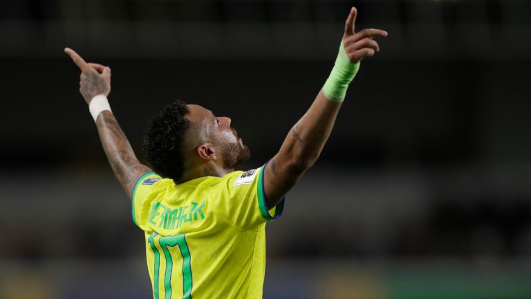 Brazil's Neymar celebrates scoring his side's fifth goal against Bolivia during a qualifying soccer match for the FIFA World Cup 2026 at Mangueirao stadium in Belem, Brazil, Friday, Sept. 8, 2023. (Bruna Prado/AP) 