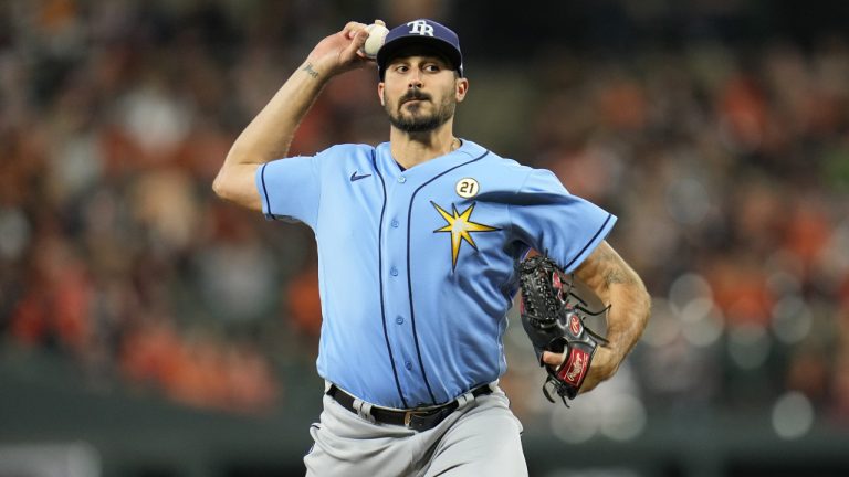 Tampa Bay Rays starting pitcher Zach Eflin throws to the Baltimore Orioles in the fourth inning of a baseball game, Friday, Sept. 15, 2023, in Baltimore. (Julio Cortez/AP)