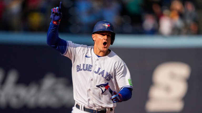 Toronto Blue Jays third baseman Matt Chapman (26) celebrates his walk-off triple against the Boston Red Sox during ninth inning American League MLB baseball action in Toronto, Sunday, Sept. 17, 2023. (Andrew Lahodynskyj/CP)