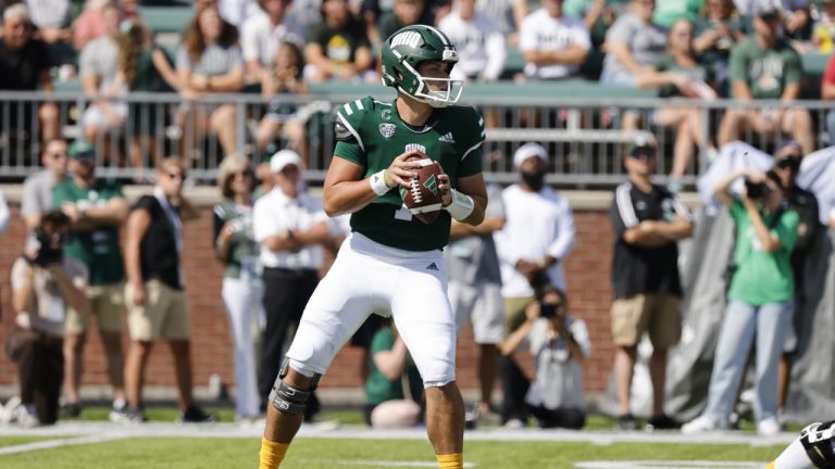 Ohio quarterback Kurtis Rourke drops back to pass against Iowa State during an NCAA college football game Saturday, Sept. 16, 2023 in Athens, Ohio. (Paul Vernon/AP)