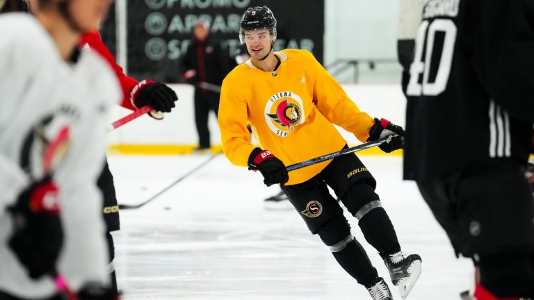 Ottawas Senators' forward Josh Norris (9) takes part in the Ottawa Senators training camp in Ottawa on Thursday, Sept. 21, 2023. (CP)