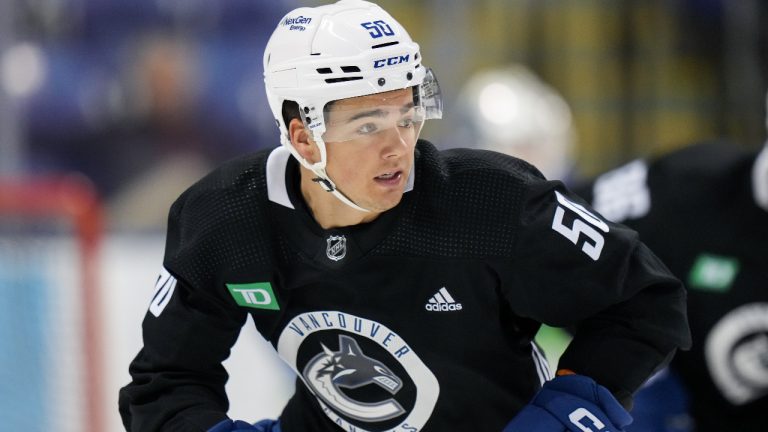 Vancouver Canucks' Hunter Brzustewicz skates during the opening day of the NHL hockey team's training camp, in Victoria, Thursday, Sept. 21, 2023. (Darryl Dyck/CP)