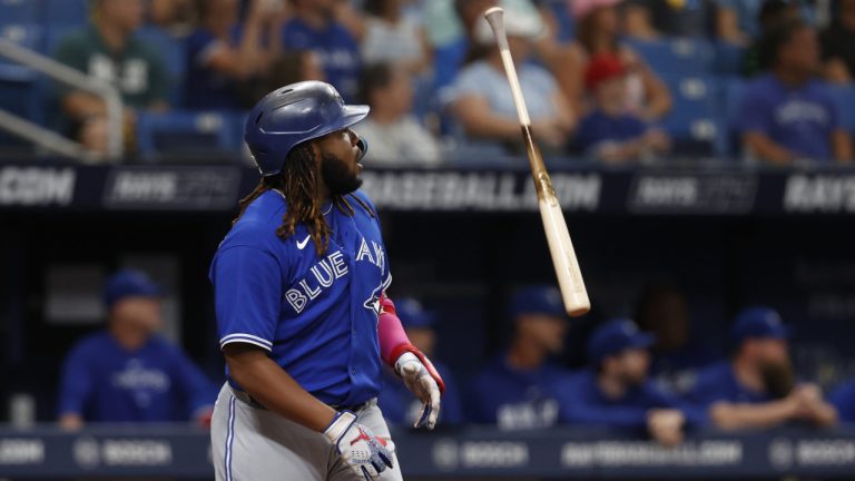 Toronto Blue Jays' Vladimir Guerrero Jr. watches his home run against the Tampa Bay Rays during the ninth inning of a baseball game Sunday, Sept. 24, 2023, in St. Petersburg, Fla. (Scott Audette/AP)