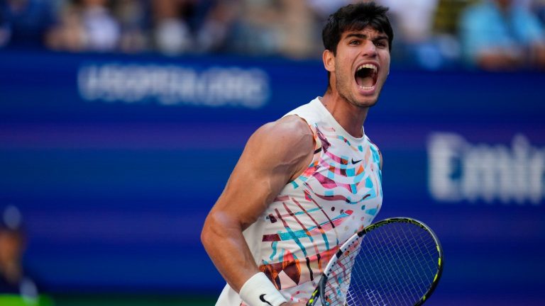 Carlos Alcaraz, of Spain, reacts during a match against Daniel Evans, of the United Kingdom, during the third round of the U.S. Open tennis championships, Saturday, Sept. 2, 2023, in New York. (Manu Fernandez/AP)